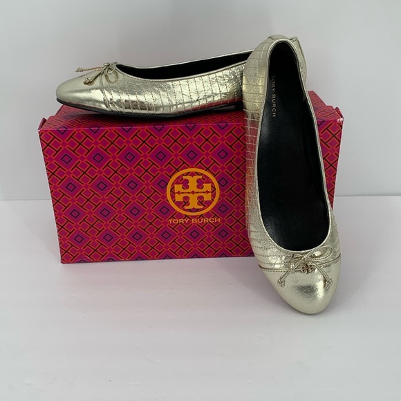 Tory Burch cap-toe quilted metallic gold ballet flat leather shoe bow new 9.5 - Picture 1 of 7